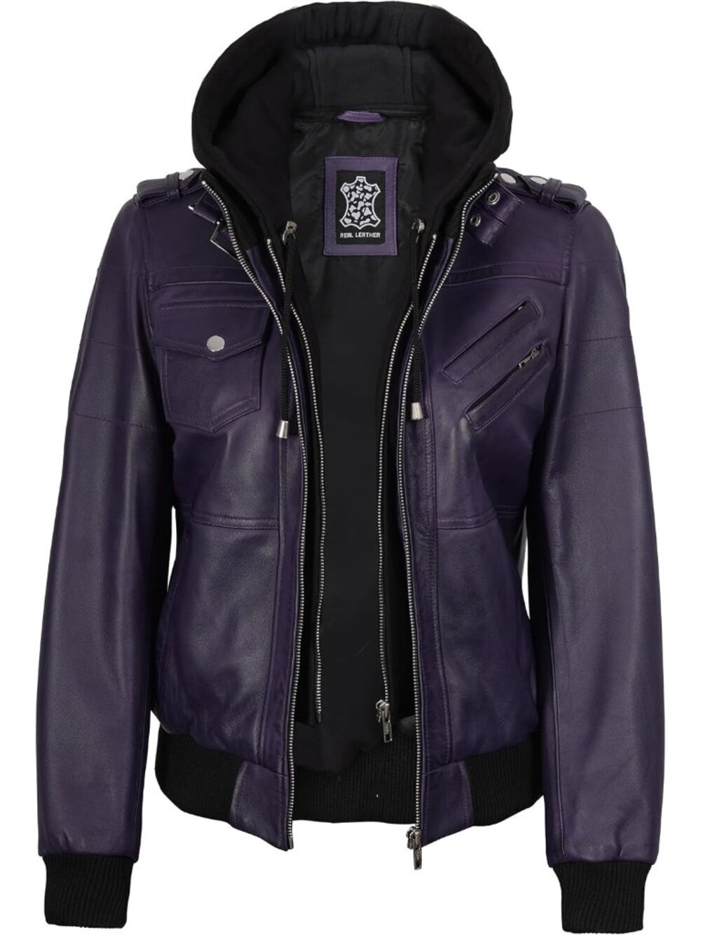 Women’s Purple  Leather Bomber Jacket Detachable Hood Casual Stylish Coat